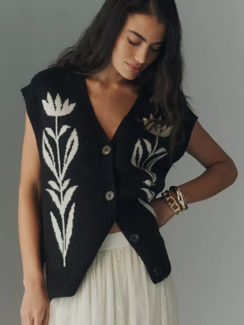 By Anthropologie Button-Front Sweater Vest Cardigan Black Floral Size L NWT - Picture 1 of 6